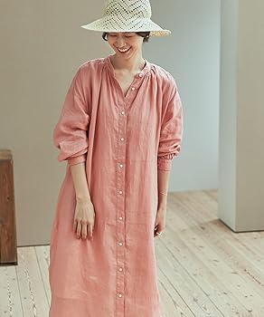 【美品】長袖ギャザーワンピース/FREE/リネン/ブラウン/01194-1354 美品】長袖ギャザーワンピース/FREE/リネン/ブラウン/01194-1354